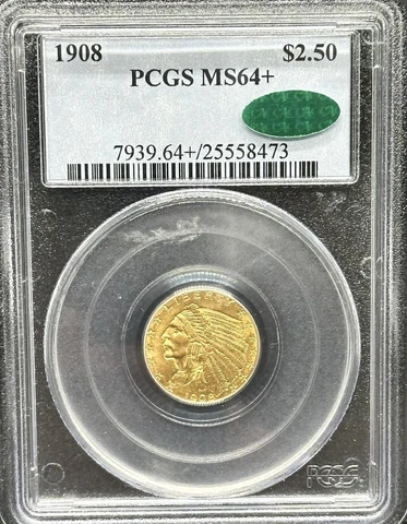 1908 $2.50 Gold Indian Head Quarter Eagle PCGS MS 64+ CAC Cover