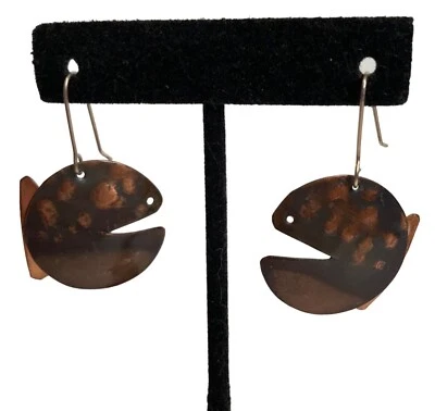 Artisan Copper Fish Dangle Earrings Stylized Round Puffer Goldfish Nom Nom Boho - Image 1 of 4