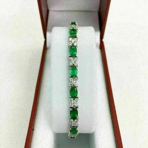 10.CT Oval Cut Emerald Lab Created Women's Tennis Bracelet 14K White Gold Plated - Picture 1 of 8