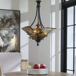 VITALIA 30" WROUGHT BRONZE METAL PENDANT CHANDELIER HAND MADE GLASS 21904 - Picture 1 of 4