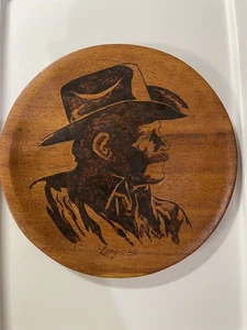 Vintage 1982 Pyrography Wood Art Cowboy Portrait Wall Hanging Plate Signed Long - Picture 1 of 4