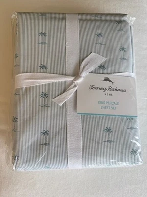 Tommy Bahama - King Sheets,棉质 Percale King,钥匙棕榈树条纹,蓝色 — 第 1/4 张图片