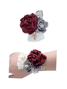 Rose Wedding Wrist Corsage and Boutonniere Set Party Prom Hand Ribbon Wine Red - Picture 1 of 7