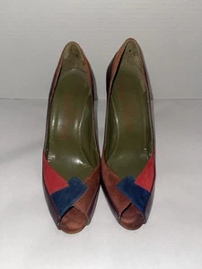 Vintage 90s Charles Jourdan Leather Muilticolor Heels Open Toe Made In France 7 - Picture 1 of 12