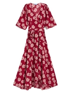Draper James Fiona Wrap Dress Women 6 Red Pink Floral Wrap Midi Lurex Crepe - Picture 1 of 11