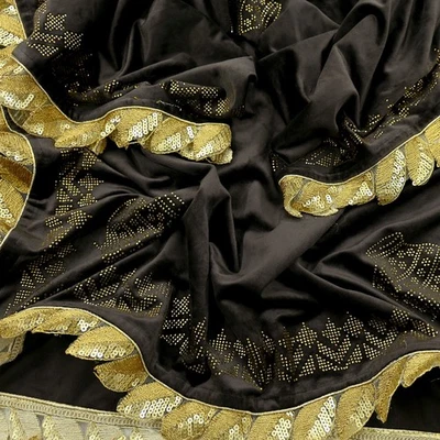 Vintage Heavy Brown Dupatta Velvet Long Stole Hand Embroidered Scarves Veil - Image 1 of 4