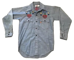 Vintage Levis Shirt S Embroidered Chambray 1970s Orange Tab Small Chest 35” - Picture 1 of 12
