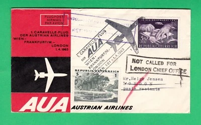 Austrian Airlines Vienna Frankfurt London first flight cover 1963 aviation FFC - Image 1 of 3