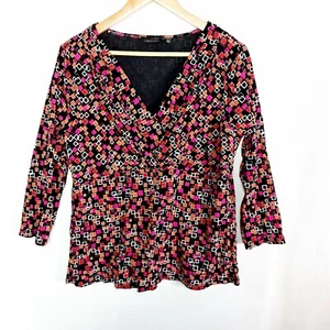 Marco Polo Size XL Pink Geometric Print 3/4 Sleeve V-Neck Sheer Wrap Top - Picture 1 of 9