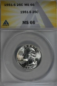1951-S .25 ANACS MS 66 Washington Quarter, Silver 25 Cents (0.25) - Picture 1 of 2