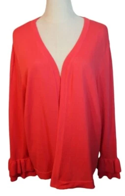 Maggie T Size XL Tomato Red Fine Viscose Knit Open Cardigan Frilled 3/4 Sleeves - image 1 of 4