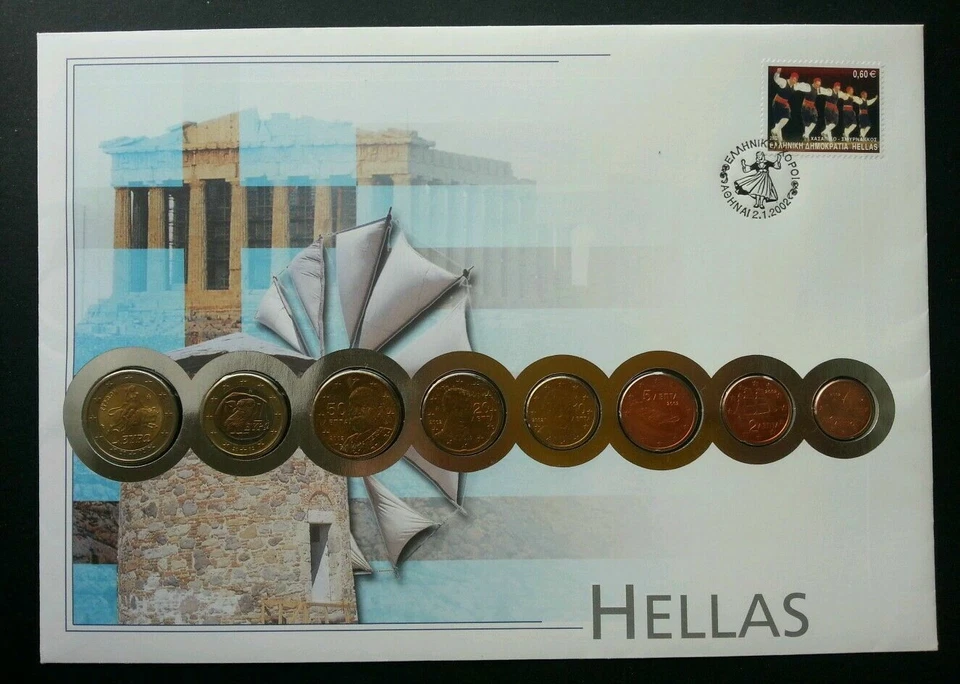 [SJ] Greece Euro Coin 2002 Currency Money FDC (coin cover) - Image 1 of 4