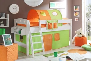 ANGEBOT Massivholz Hochbett"Kenny R"B-WARE Schrägleiter Kiefer weiß inkl.Vorhang - Bild 1 von 21