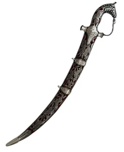 Indo Persian Silver Kofthgiri Worked Damascus Steel Blade Sword with Scabbard - Picture 1 of 5