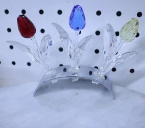 Swarovski Crystal figurines Three Tulips Red Yellow Blue W/ Mirror Stand Renewal - Picture 1 of 9