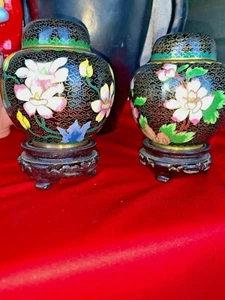 Vintage CHINESISCHE CLOISONNE EMAILLE INGWER GLAS VASE URNE & DECKEL Lotus BLUMEN Set 2 - Bild 1 von 12
