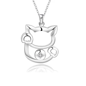 Collana da Donna Ciondolo Gatto Maneki Neko Cristallo Catena Argento 925 Fortuna - Foto 1 di 3