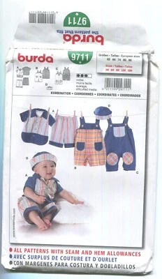 Burda 9711 SHIRT, PANTS, JUMPER & HAT W/ Variations SZ 3M-18M UNCUT - Image 1 of 3