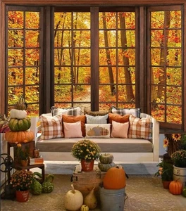 Autumn Wooden Window Backdrop Autumn Forest Scene Photography Background Fall Ma - Picture 1 of 5