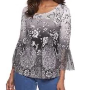 Top Croft & Barrow para mujer manga campana 3/4 negro blanco cachemir talla mediana nuevo con etiquetas - Imagen 1 de 7