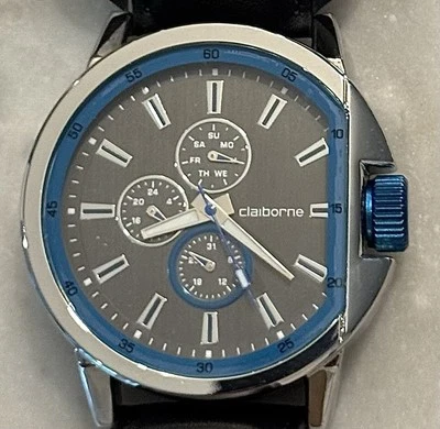 Claiborne мужские часы многофункциональный черный кожаный ремень CLM1057 - 45 мм чехол - Изображение 1 из 4