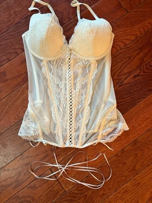 Victoria Secret PushUp Bustier Corset Top Sz 36B Cream Sheer Lace Up Rhinestones - Image 1 of 4