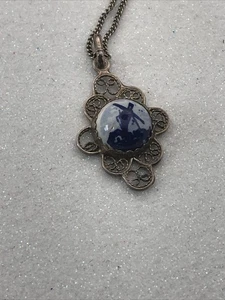 Vintage Delft 835 Pendant Necklace Filigree Windmill 835 Silver Dutch Pottery - Picture 1 of 11