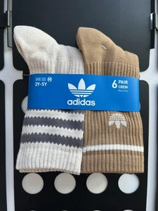 Adidas Originals Socks Youth 2Y-5Y White Gray Tan Crew 6 Pair Trefoil Athletic - Picture 1 of 3