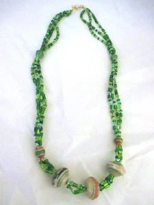28" Necklace Green Mix Recycled Paper Beads Green Seed Beads Toggle Clasp - Picture 1 of 4