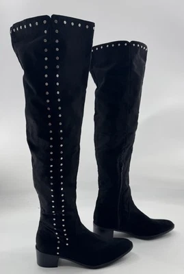 Fergalicious Harlin Boots Black Faux Suede Knee Size 8.5 M Silver Studded NEW - Image 1 of 4