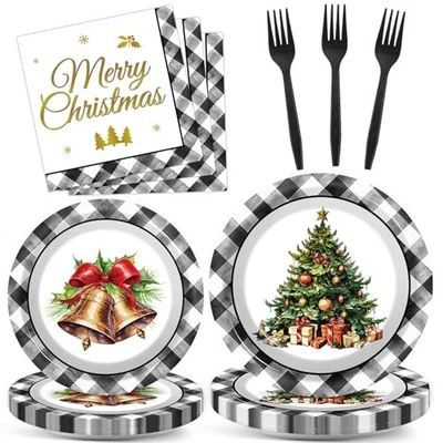 Pcs Christmas Paper Plates and Napkins Set Black Buffalo Plaid Plates 100 - Image 1 of 4