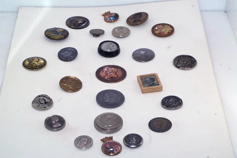 24 Antique Vtg Sewing Button Lot Card Royalty British FrenchItaly Russian Silver Cover