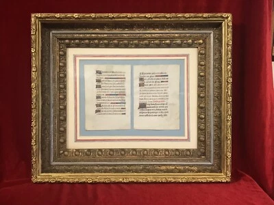 ILLUMINATED MANUSCRIPT 2 Leaf Framed Antique Gilt Frame c1450 Book Hours Rare - Image 1 of 4