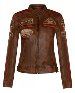 Womens Tan Brown Leather Biker Jacket Retro Casual Zipped Racing Moto Badges - Picture 1 of 4