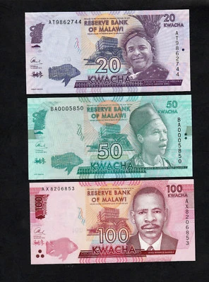 Set 3pcs Malawi (2015-16) 20 50 100 Kwacha banknote - UNC - Image 1 of 2