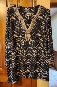 Soft Surroundings Navy/white Akira Beaded Tunic Sz L Batik Print V-Neck Boho - Picture 1 of 5