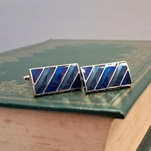 Silver tone cufflinks, Gradient blue glass design, Rectangle, LL-297 - Picture 1 of 3