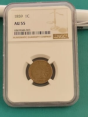 1859 Copper-Nickel Indian Cent Penny 1C NGC AU 55 AU55 ABOUT UNCIRCULATED NICE - Image 1 of 4