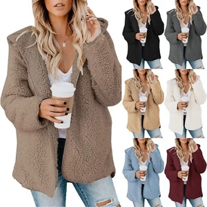 Womens Plush Jacket Oversized Fleece Jacket Coat With Pockets Open Front Hooded - Picture 1 of 33