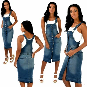 Pinafore Denim Dress Stretch Knee Length Button Front Light Wash UK Sizes 8-20 - Picture 1 of 4