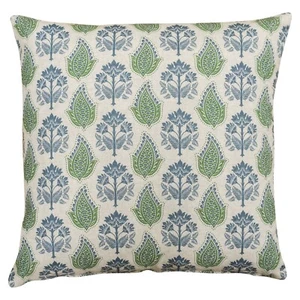 Cubierta de cojín con motivos Costwold Countryside. Diseño botánico verde y azul. 17x17" - Imagen 1 de 3
