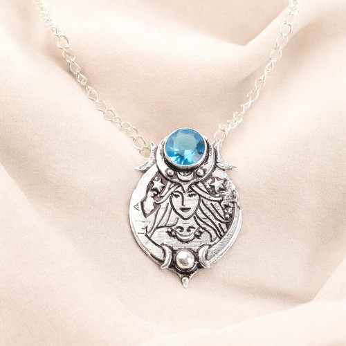 VETEMENTS Ciondolo Gioielli Fatto a Mano Pietra Preziosa Topazio Svizzero Naturale Blu Stampato Argento 925