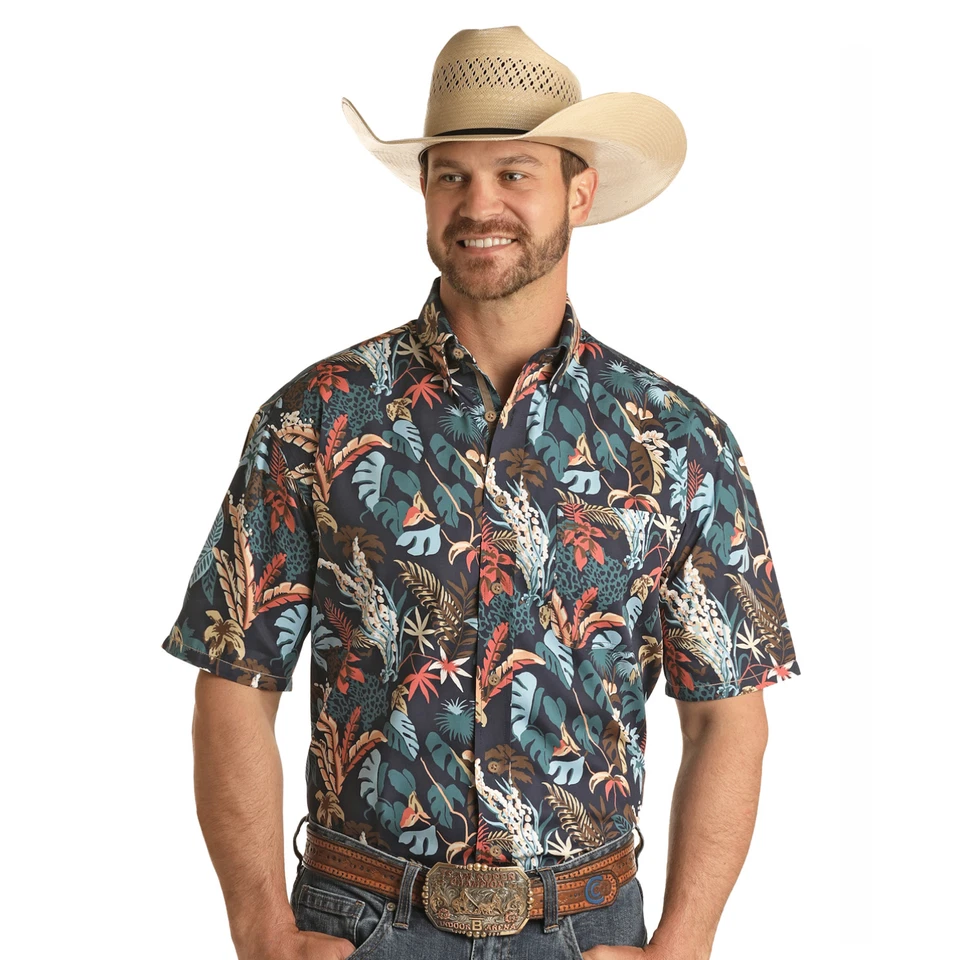 Camisa con botones Panhandle® para hombre azul marino estampado tropical RSMS1DRZDI-42 Foto 1 de 1