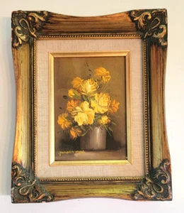 Pintura al óleo original firmada vintage de Robert Lox flores marco dorado amarillo - Imagen 1 de 5
