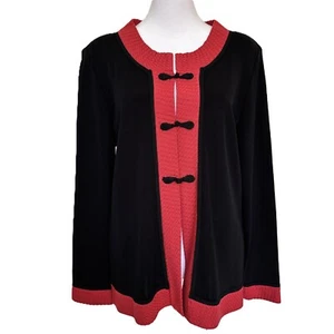 Misook Pullover Blazer Strickjacke schwarz mit rotem Besatz Froschverschluss Gr. M - Bild 1 von 7