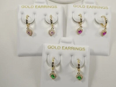 НАСТОЯЩИЙ 10K ТВЕРДОГО ЖЕЛТОГО ЗОЛОТА КАМЕНЬ ВИСЯ СЕРДЦЕ ОБРУЧ HUGGIE СЕРЬГИ - Изображение 1 из 4