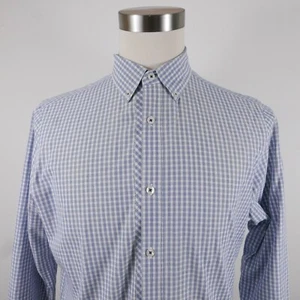 PD&C Mens Cotton LS Button Down Light Blue White Checkered Plaid Dress Shirt M - Picture 1 of 11