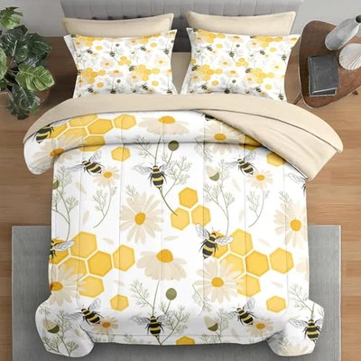 Comforter Set Full Size, Bees Honey Flower 7 Pcs Bedding for Kids and Adults,  - Image 1 of 4
