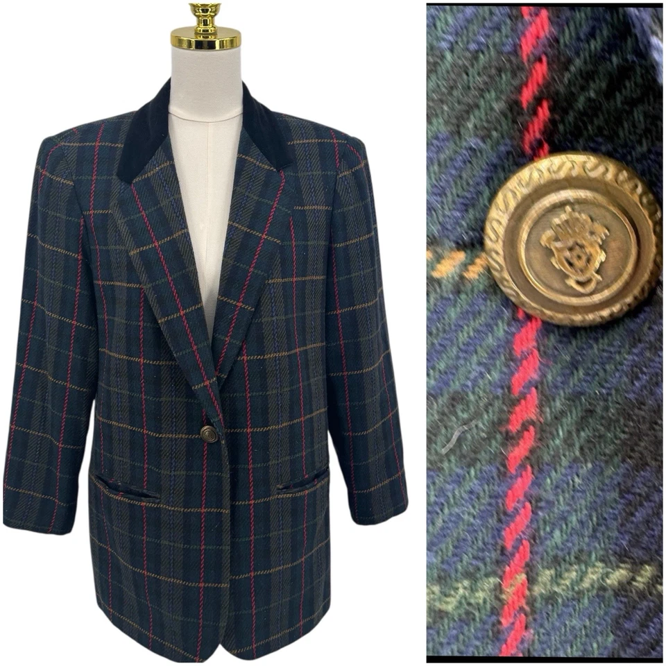 Blazer Abrigo Academia Preppy Vintage a Cuadros Vacaciones Mezcla Lana Talla 10 Foto 1 de 4