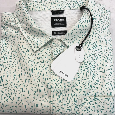 prAna NEW Lost Sol XL Printed SS Vented White Green Sharkstooth Button Up Shirt - Image 1 of 4